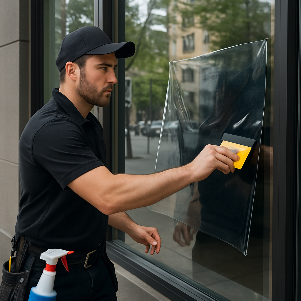 Photo realistic image of a professional installer applying spectrally selective window film to a com