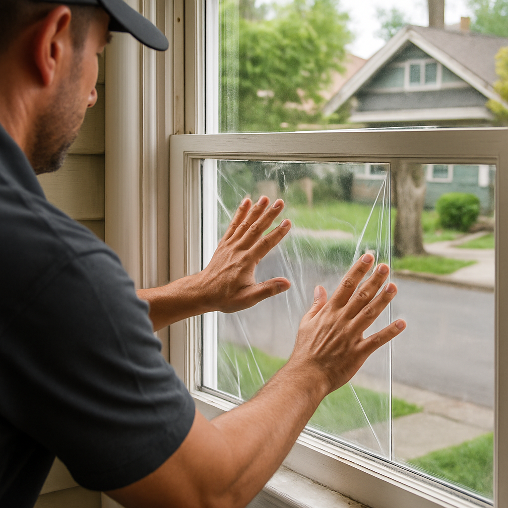 Professional installer applying clear spectrally selective window film to a historic Portland bungal