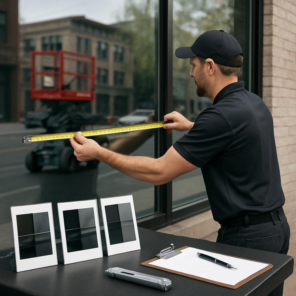 Professional window tint installer measuring a large commercial storefront in Portland, lifting equi
