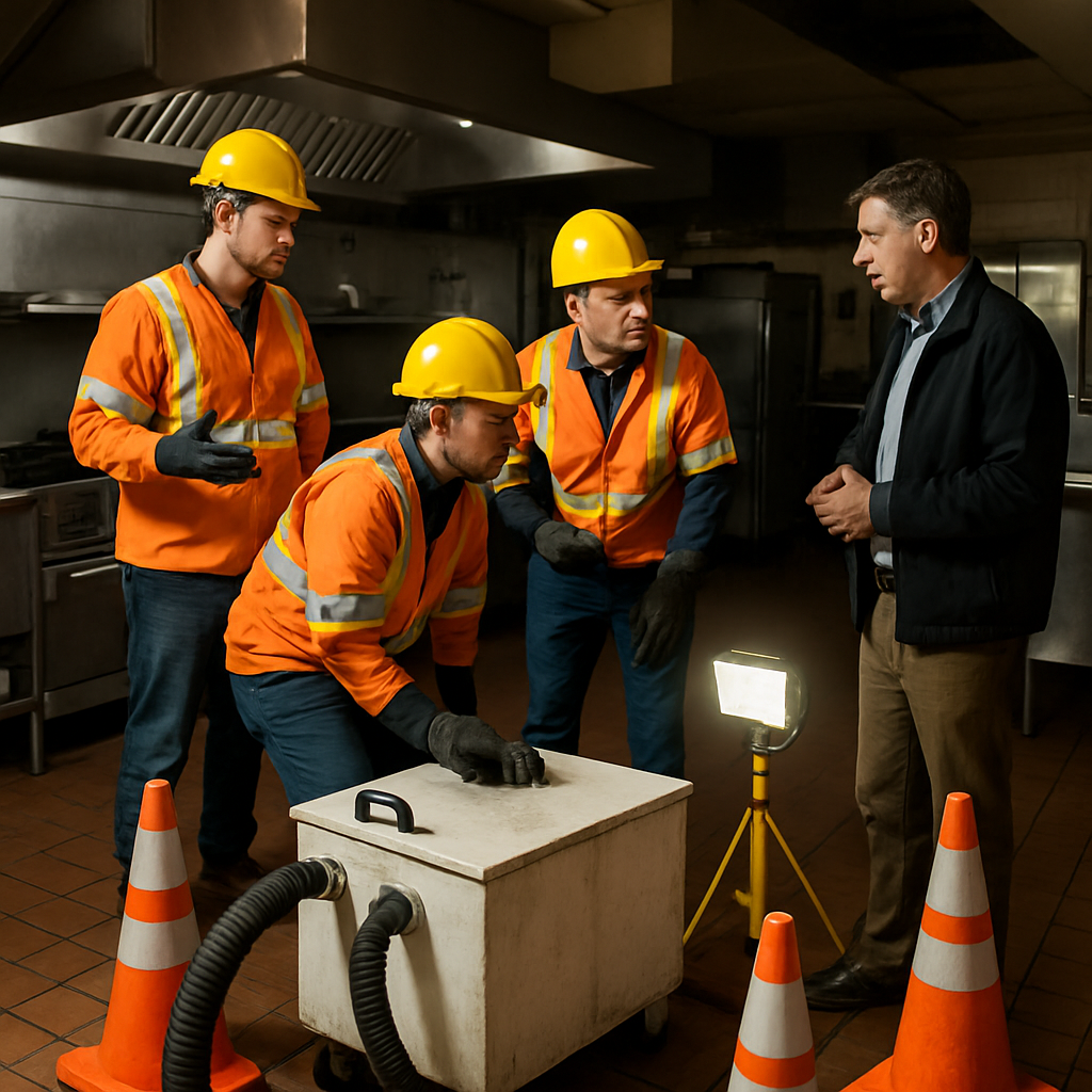 Photo-realistic image of a commercial plumbing crew working overnight in a Portland restaurant kitch
