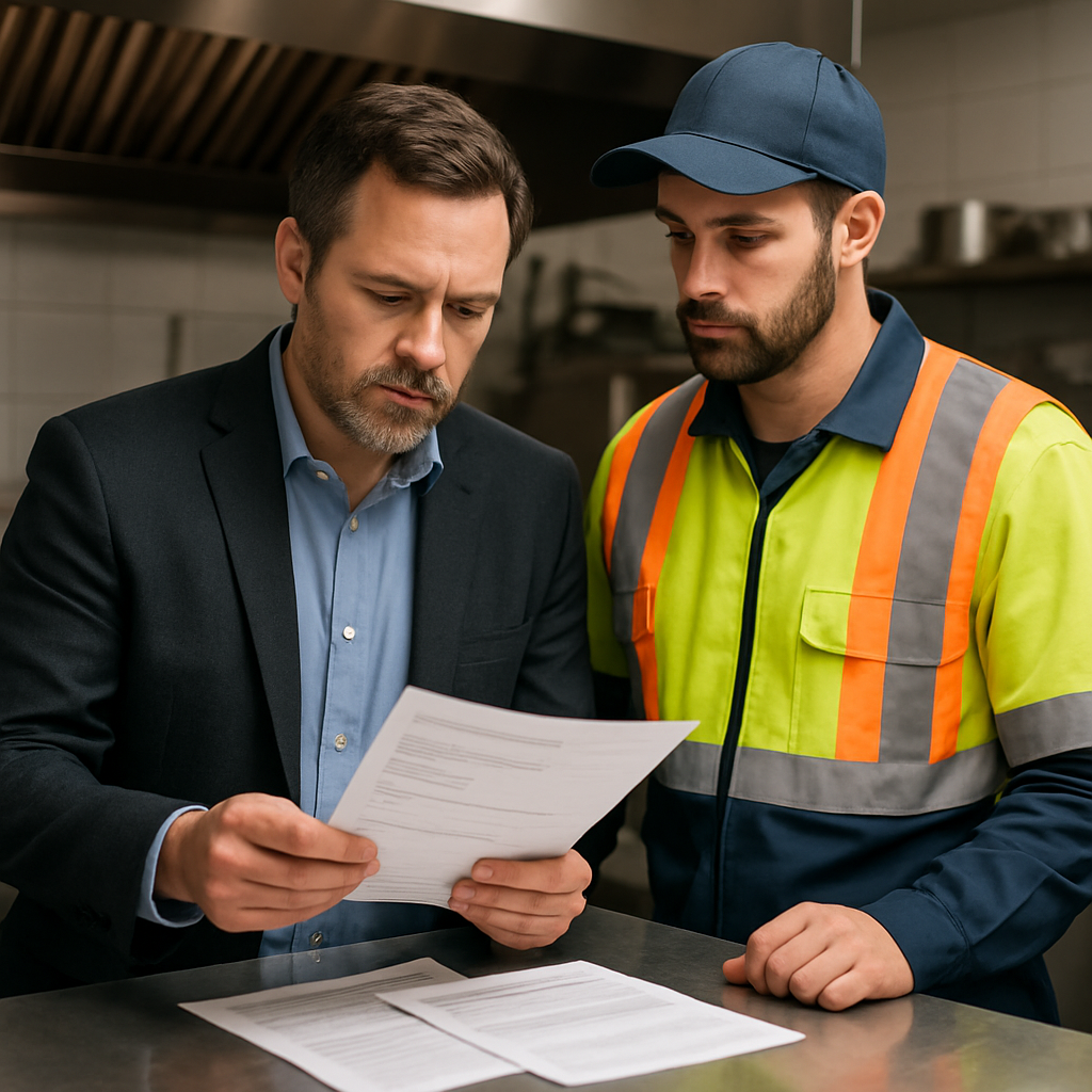 Photo realistic image of a building manager at a commercial kitchen counter reviewing a Certificate