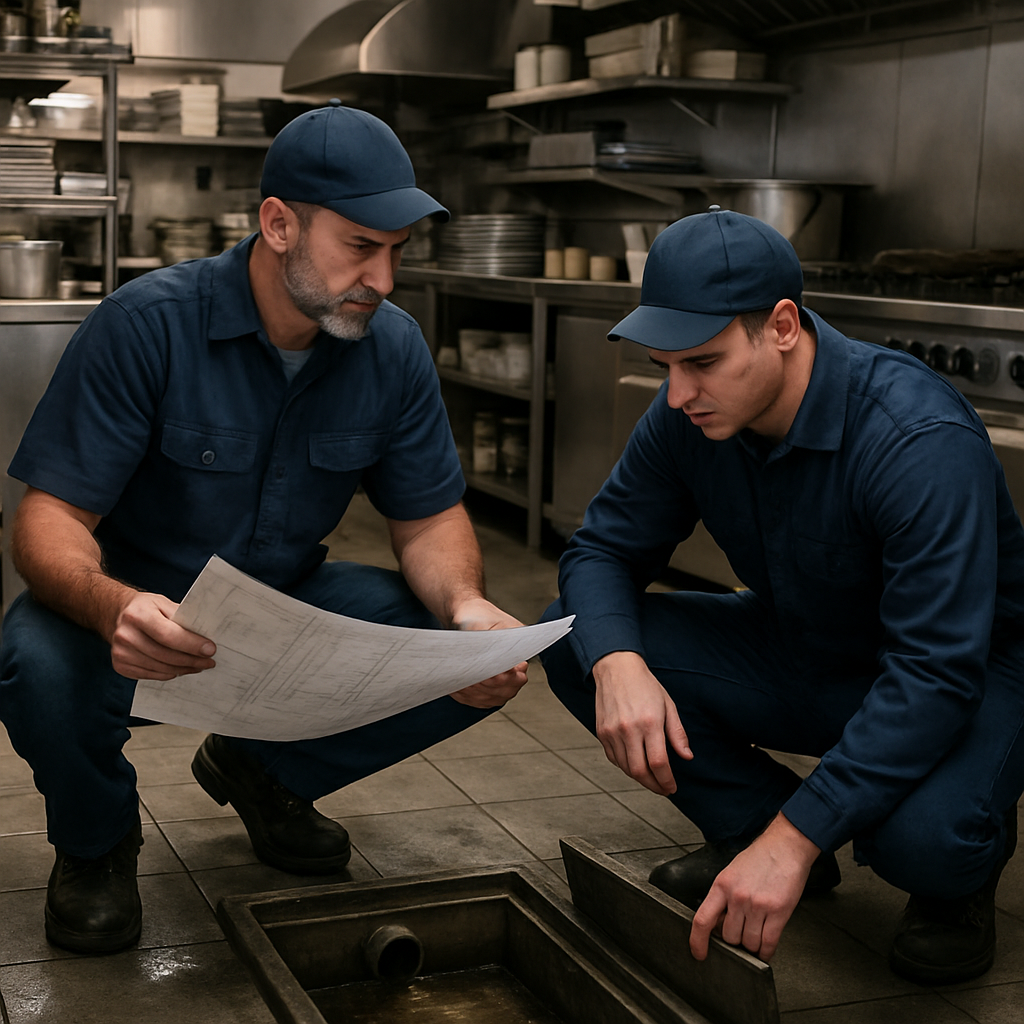 Professional plumber team reviewing commercial plumbing blueprints and inspecting a grease trap in a