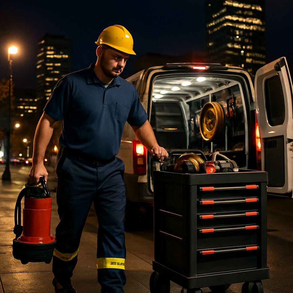 A commercial plumbing technician in Portland unloading emergency equipment from a service van at nig