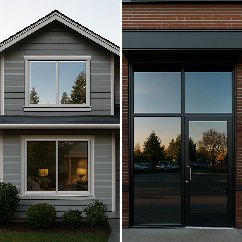 Photorealistic side-by-side shot of an Oregon residential home and an adjacent commercial storefront