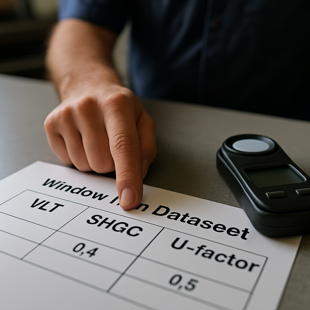 Close up photo realistic image of a window film datasheet and a light meter on a shop counter, showi