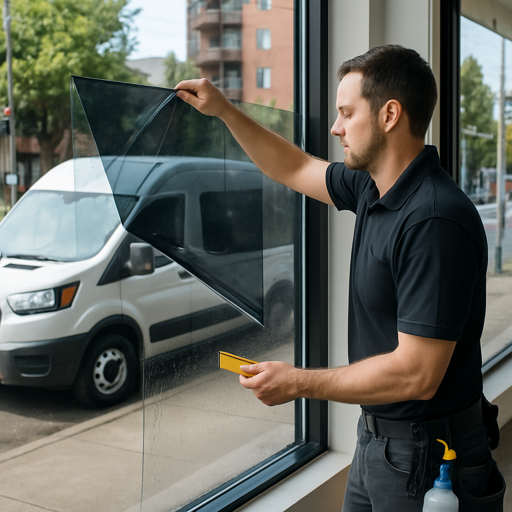 Professional installer applying window film to a large storefront window in Portland, Oregon