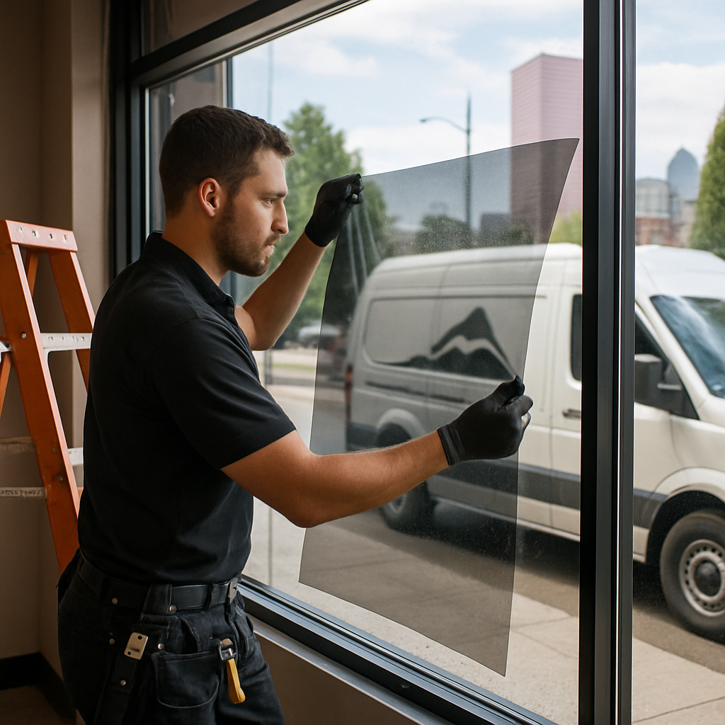Photo realistic image of a professional technician installing ceramic window film on a large west fa