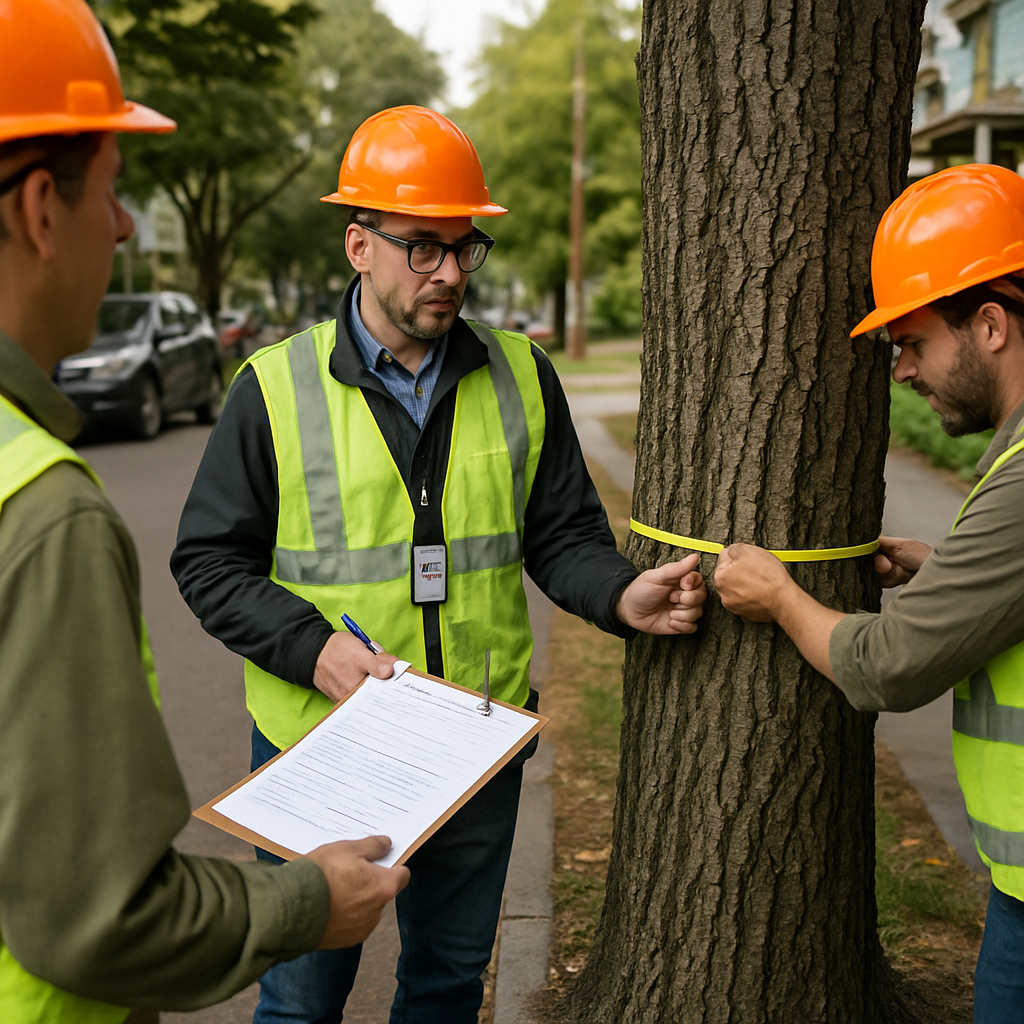 Photo realistic image of a tree crew in Portland measuring a street tree near a sidewalk and curb wh