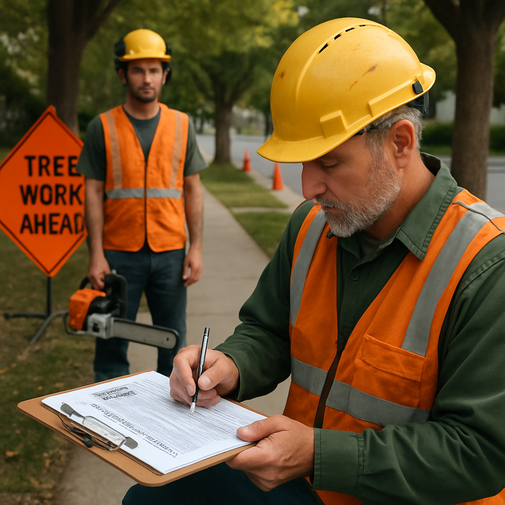A licensed arborist and crew filling out a municipal tree permit form at a job site with a sidewalk