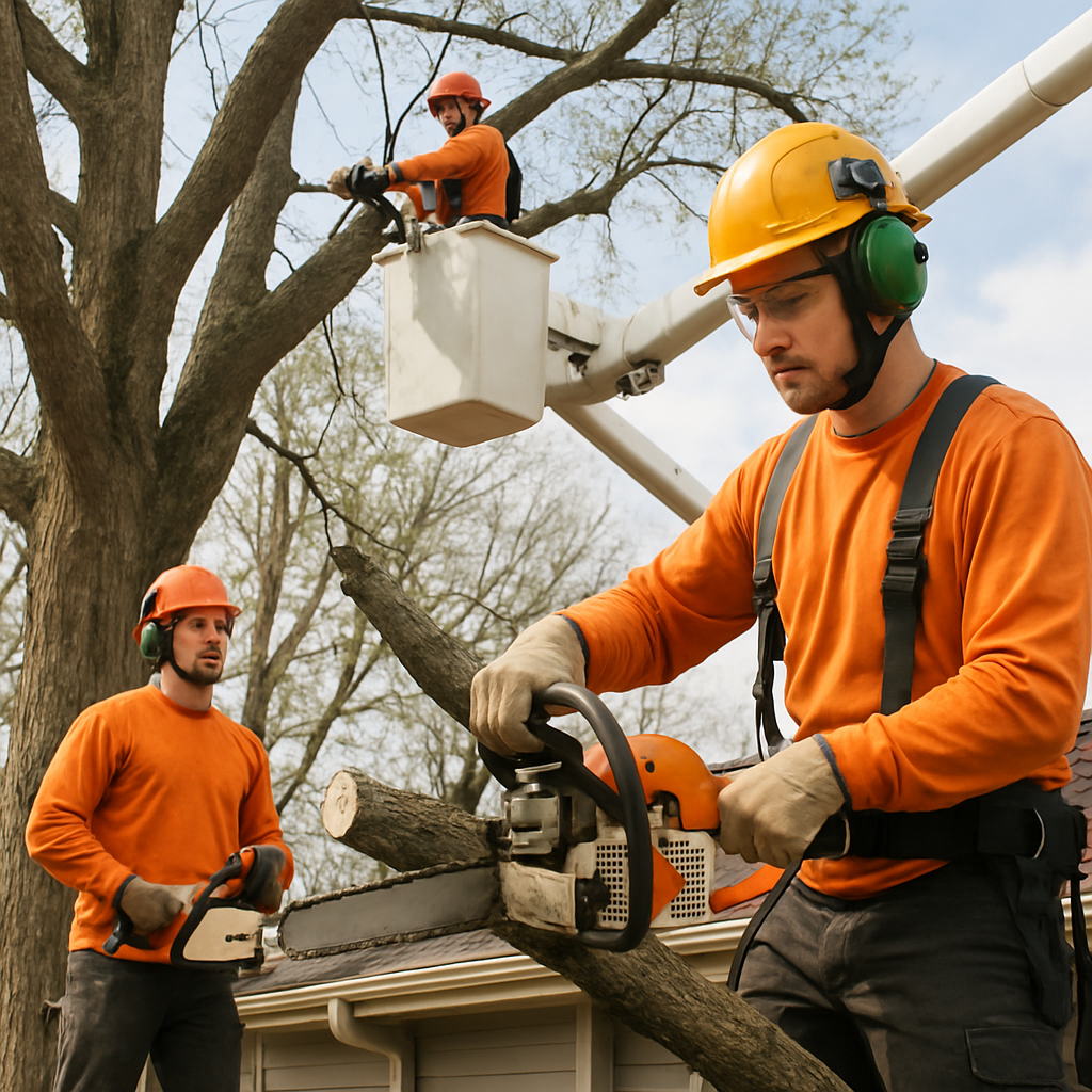 Professional tree service crew with PPE, bucket truck and chainsaws performing a safe pruning operat