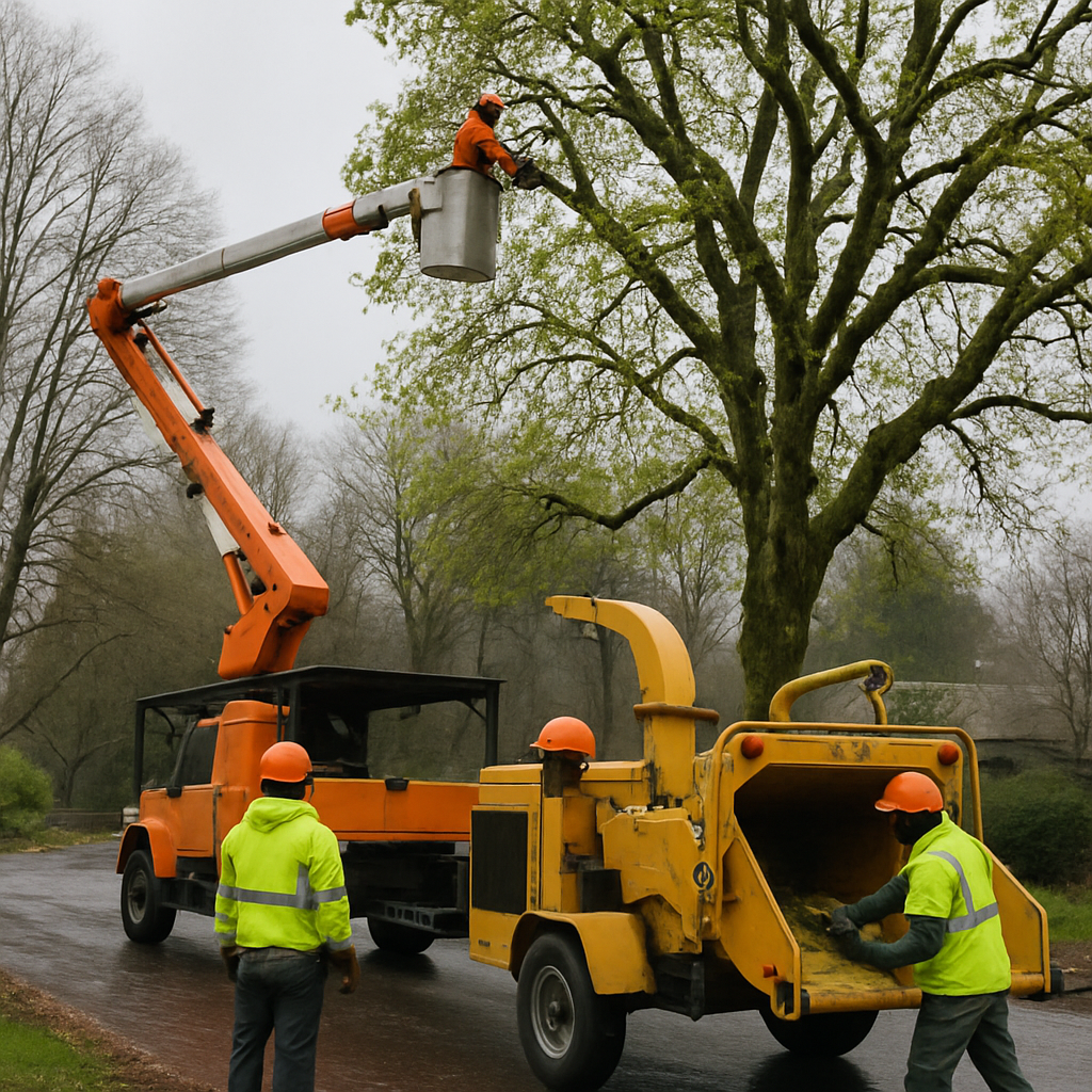 Professional arborist pruning a large bigleaf maple in early spring in Portland, equipment includes