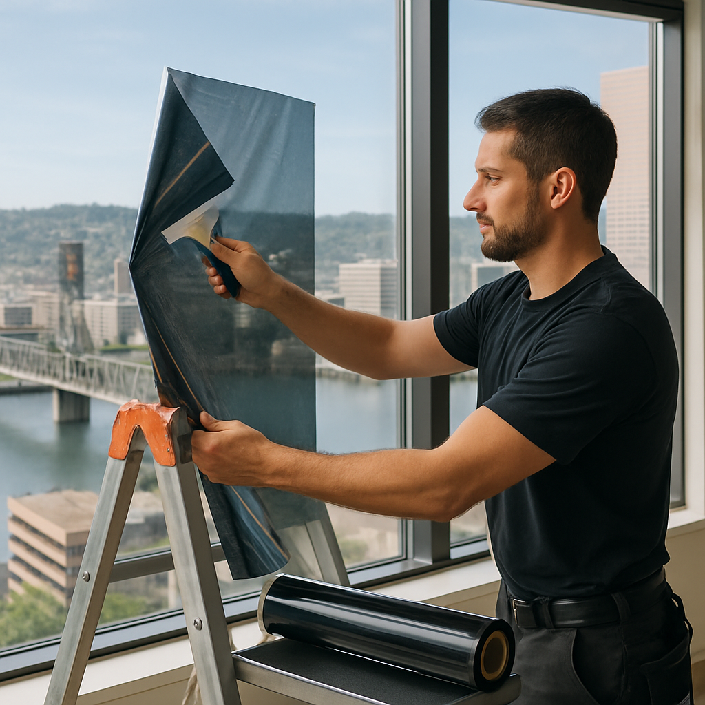 Professional installer applying ceramic window film to large south-facing office windows in Portland