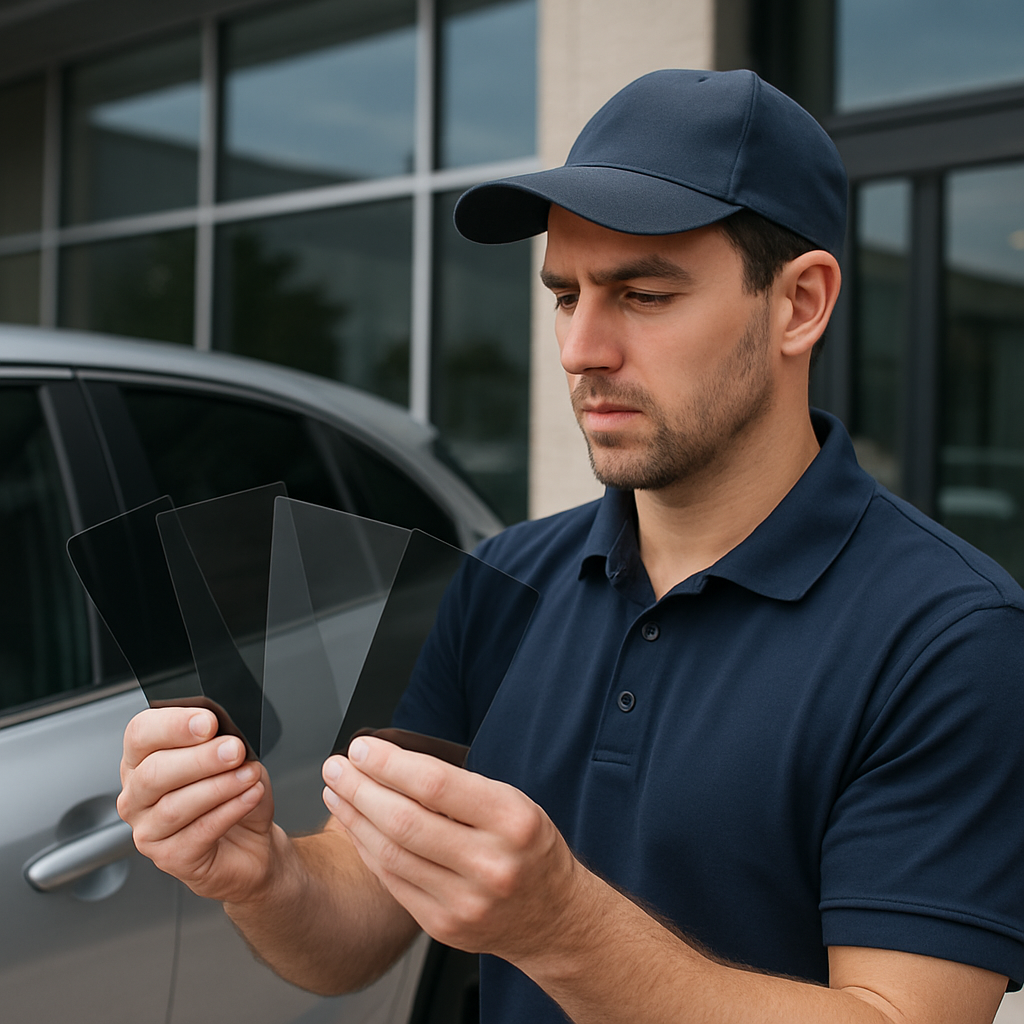 A professional window film technician holding film sample cards next to a car and a commercial store