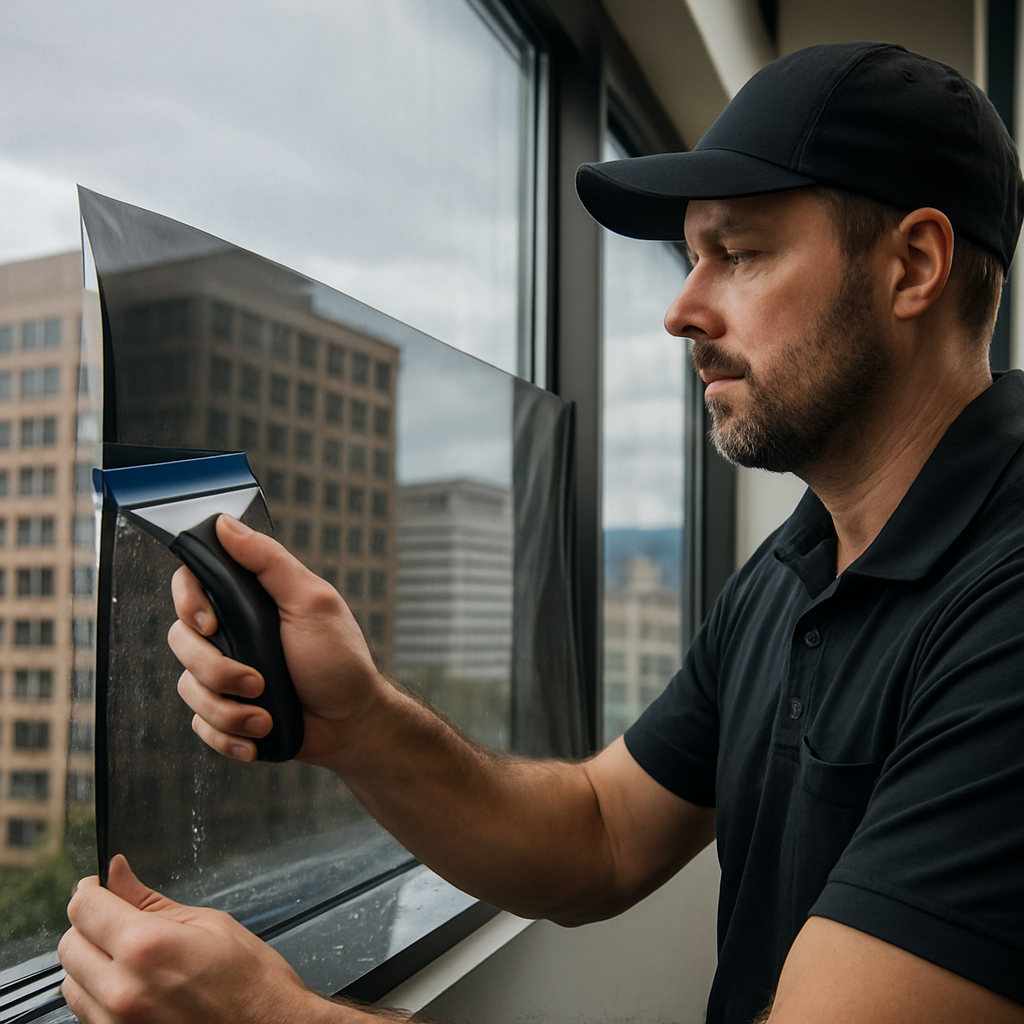 Photo realistic image of a professional installer applying ceramic window film to a large office win