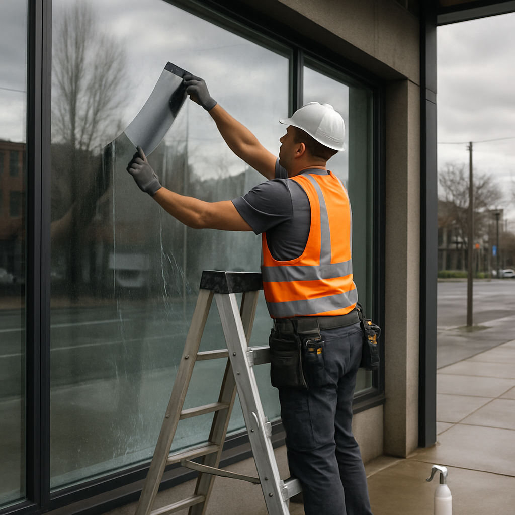 Professional installer applying window film to a large commercial storefront in Portland, using sque