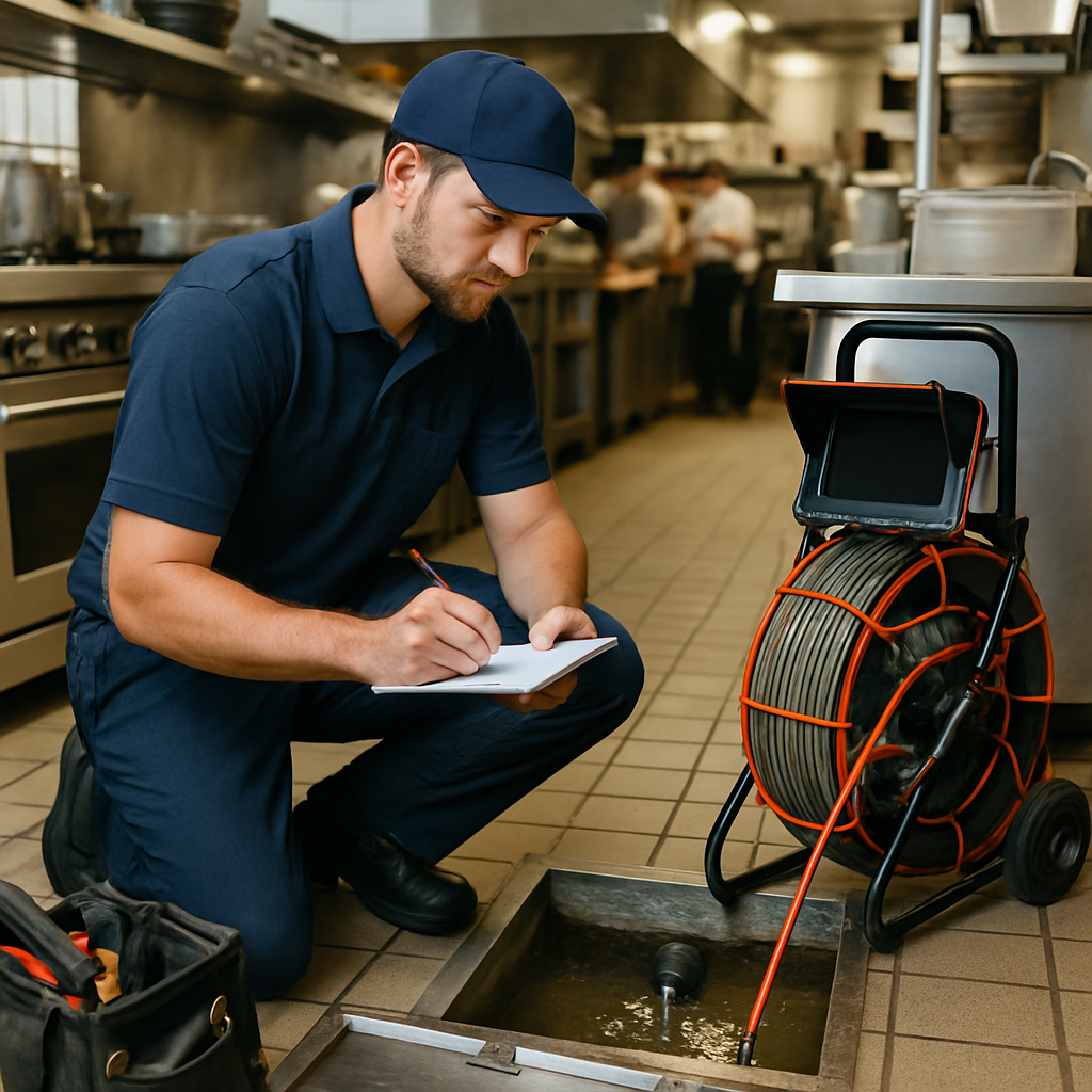Photo realistic image of a commercial plumber inspecting a grease trap in a busy restaurant kitchen
