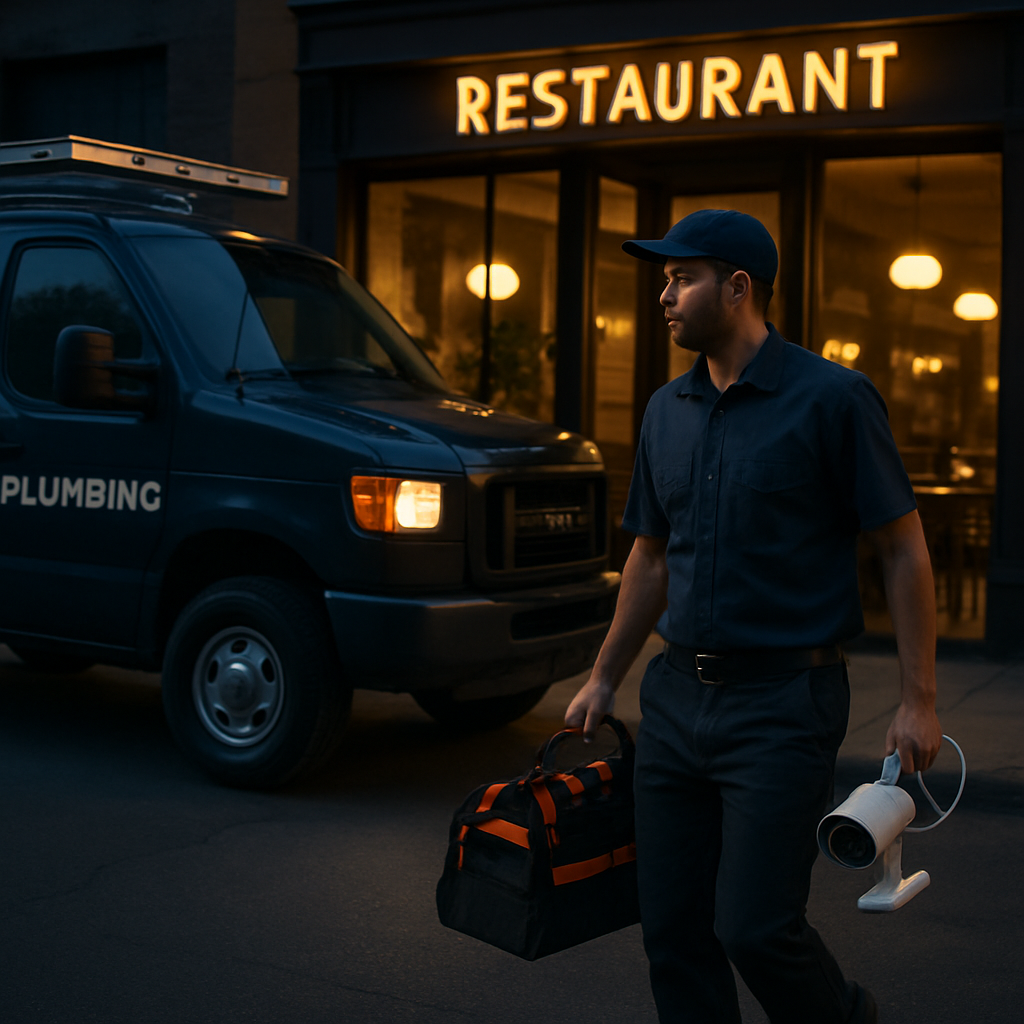 Nighttime photo realistic image of a licensed commercial plumber arriving at a Portland restaurant w