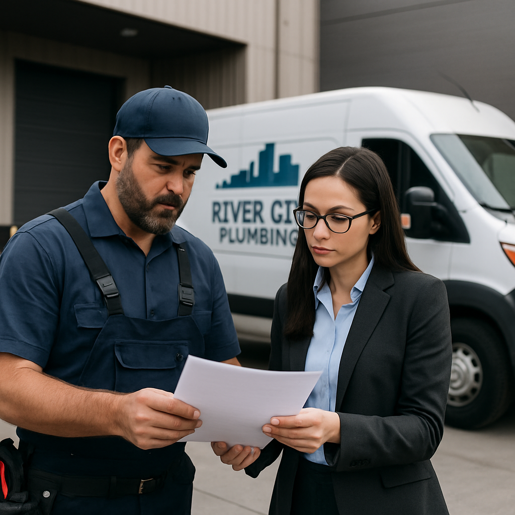 Photo realistic image of a commercial plumber and a Portland business manager reviewing a printed co
