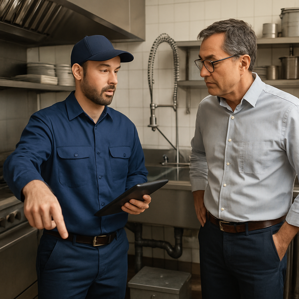 Photorealistic scene of a commercial plumber conducting a site visit in a Portland restaurant kitche