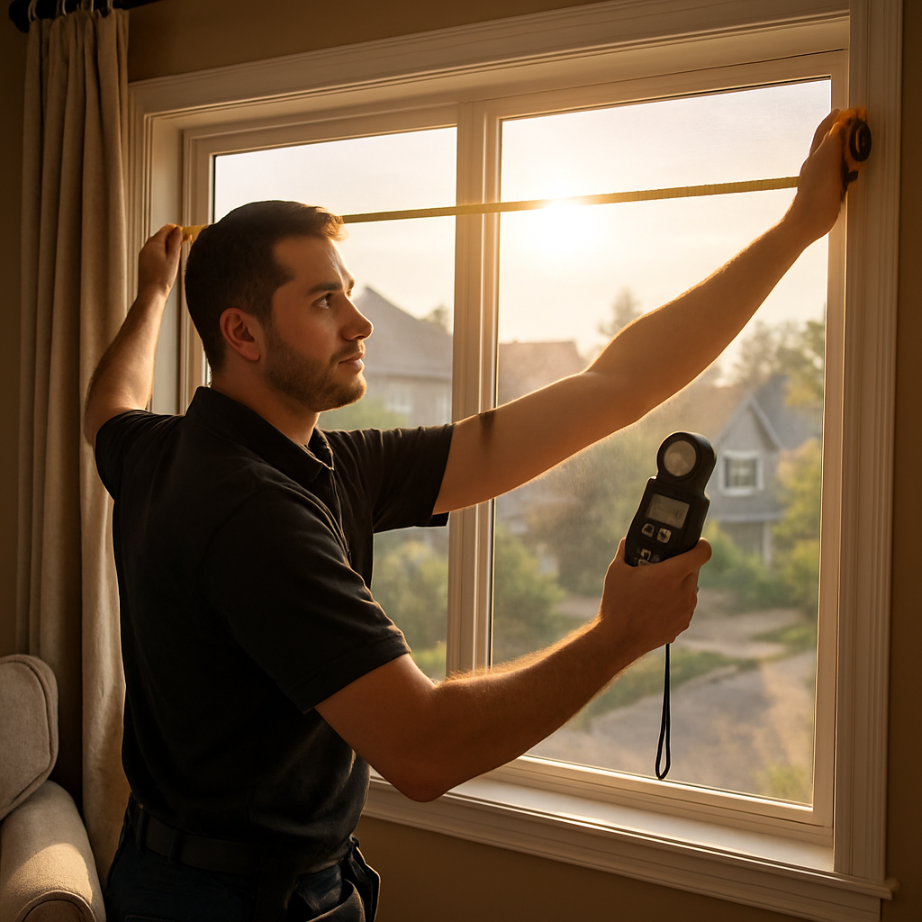 Professional installer measuring a large west facing living room window in a Portland home, showing