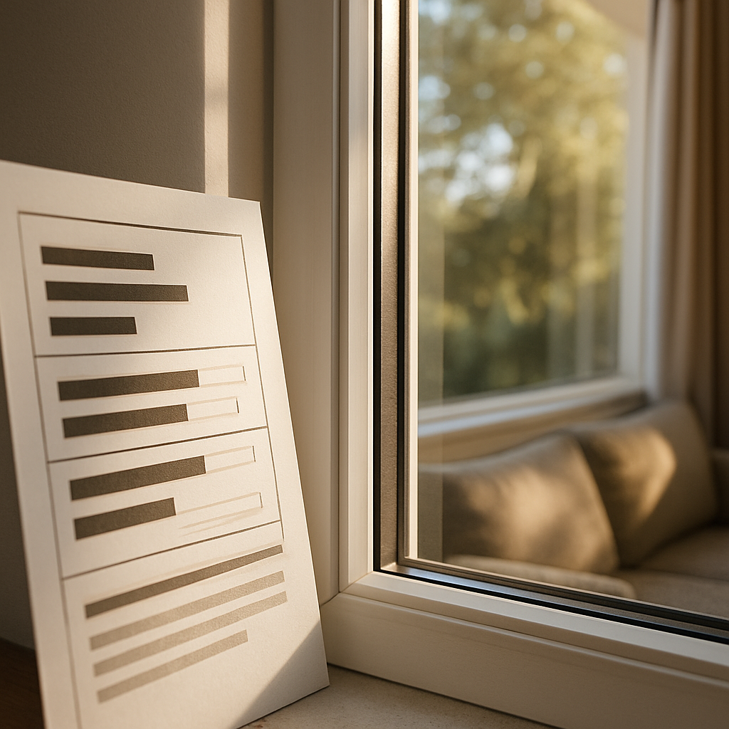 Photo realistic close up of a residential window next to a printed performance sheet showing VLT SHG