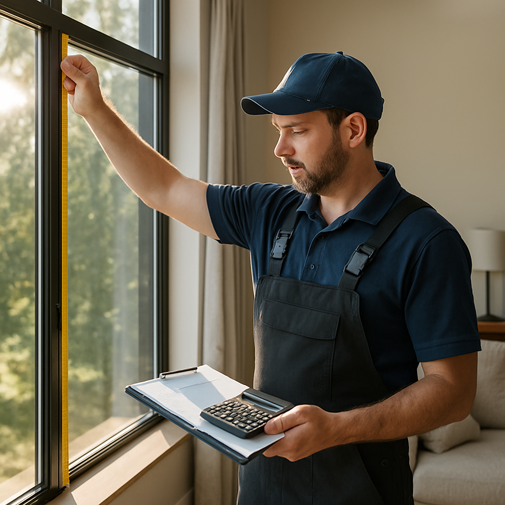 Photorealistic image of a window film installer on site measuring large west-facing windows with a c