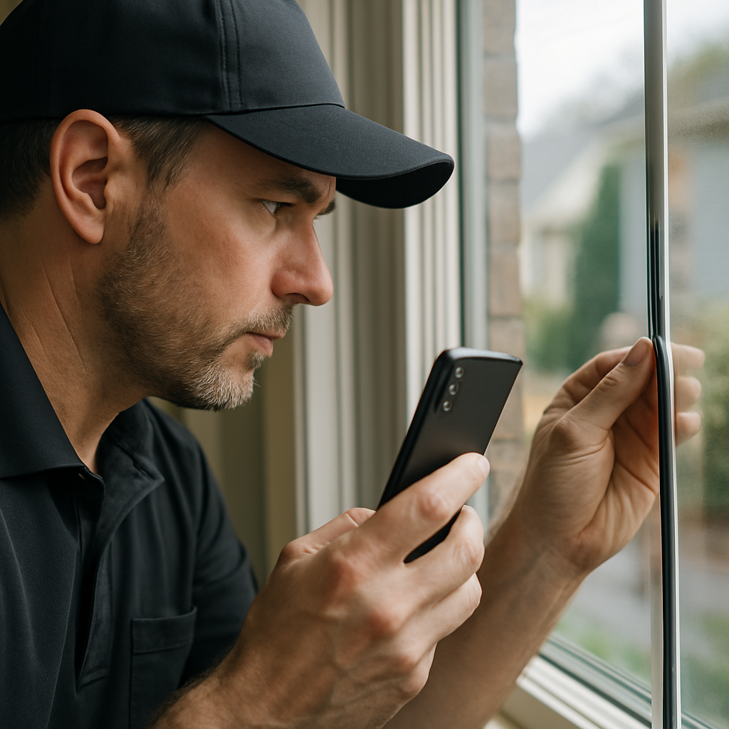 Close up of an installer inspecting window film edge and documenting condition with a smartphone in