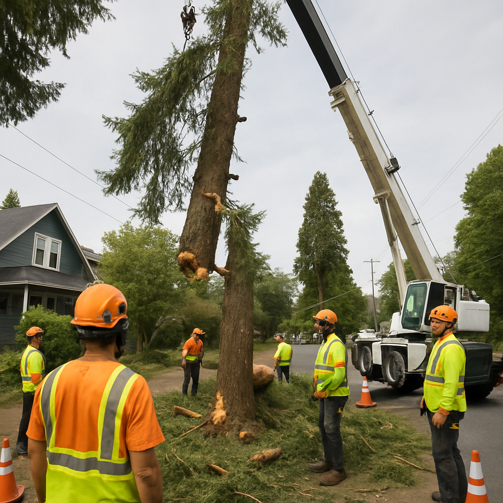 Professional arborist crew using a crane to remove a storm-damaged Douglas fir in a Portland residen