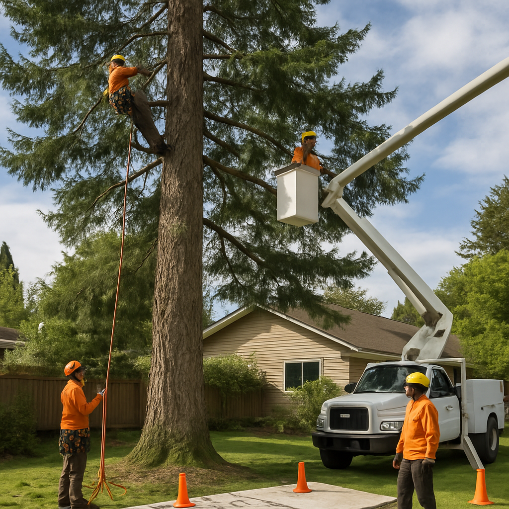 Professional arborist crew pruning a large Douglas fir in a Portland residential backyard, crew in P