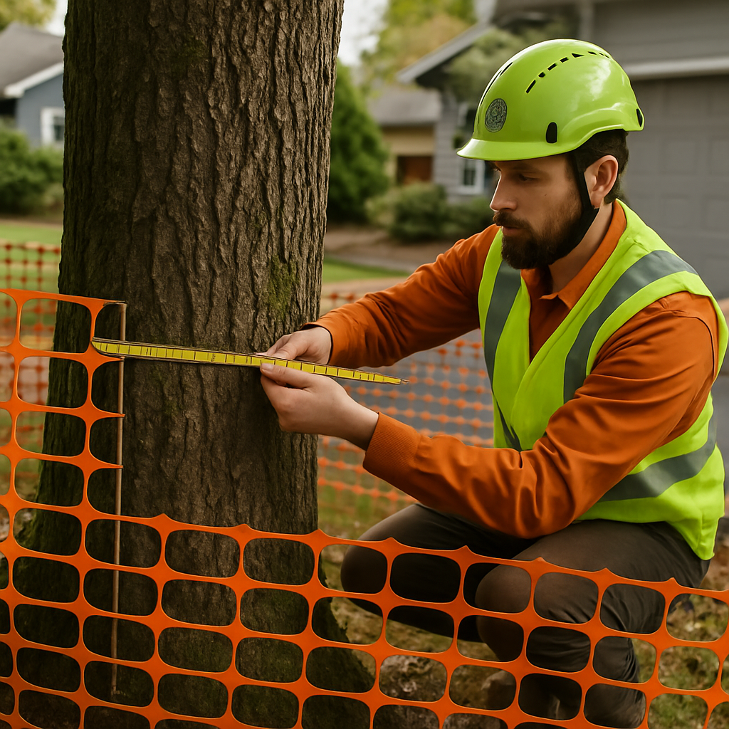 ISA certified arborist measuring tree diameter and marking a tree protection zone with orange fencin