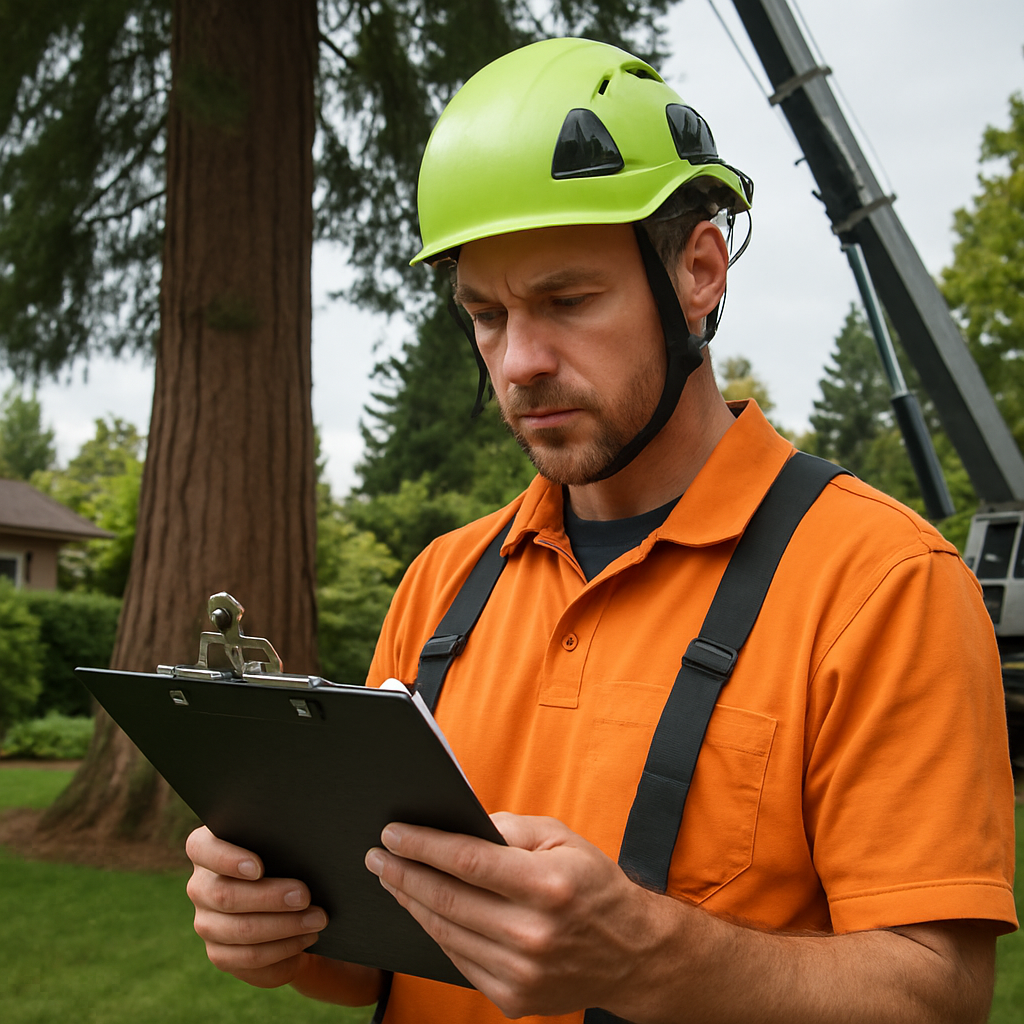 A professional arborist in Portland reviewing a detailed written estimate on a clipboard in a reside