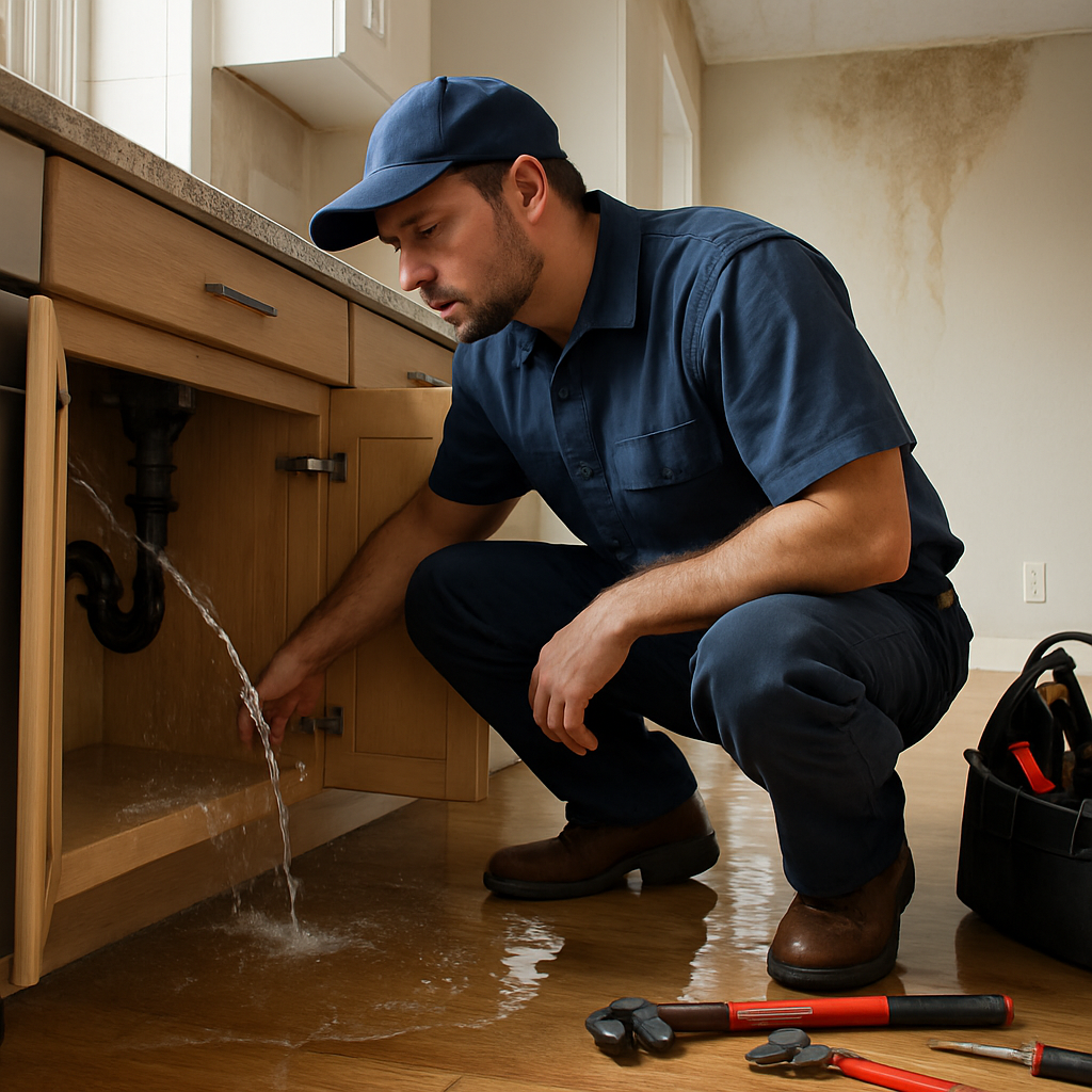 Photo realistic image of a plumber inspecting a kitchen cabinet with a burst supply line, water pool