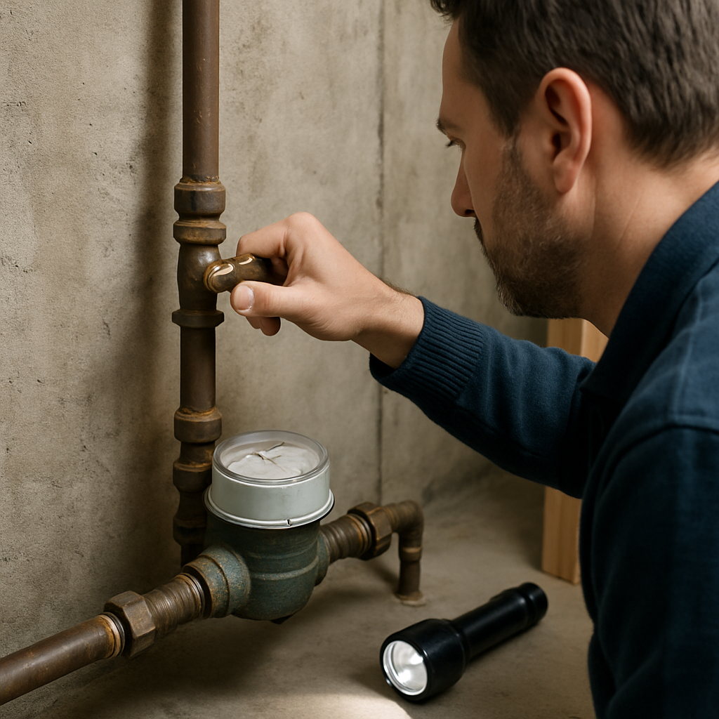 Photo realistic image of a homeowner turning a brass main water shutoff valve in a Beaverton basemen