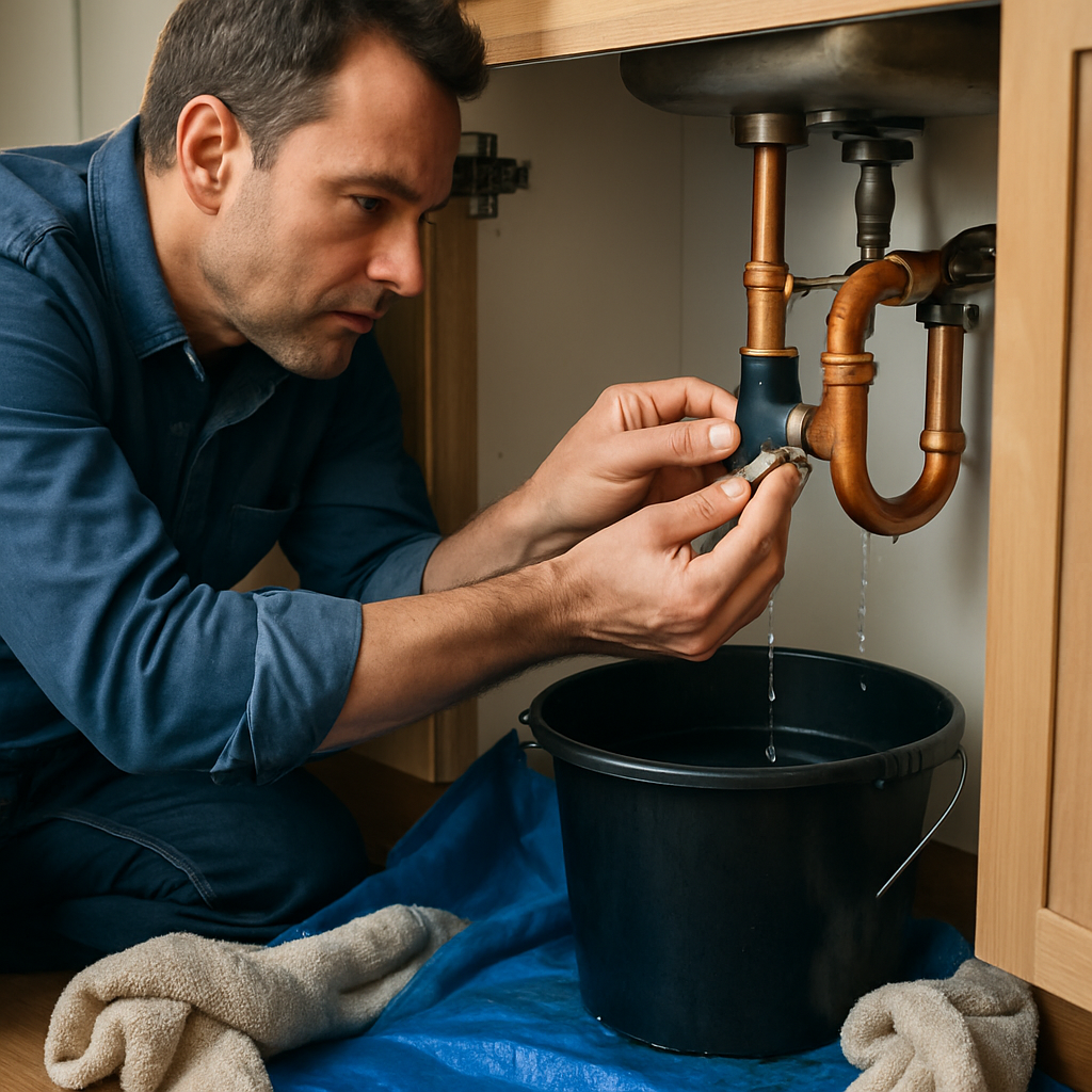 Homeowner putting a bucket under a leaking copper pipe beneath a kitchen sink, applying a rubber pat