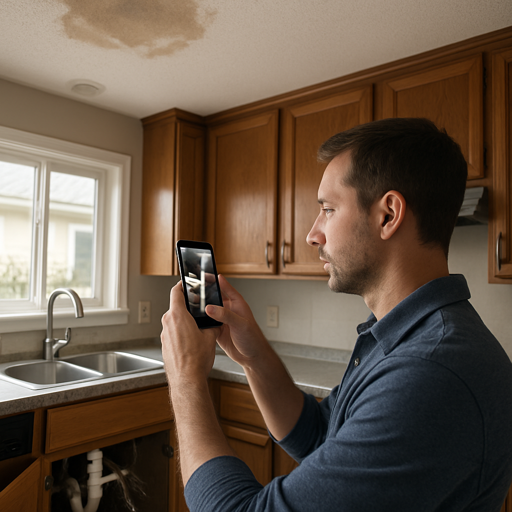 Homeowner using a smartphone to photograph a ceiling water stain and a burst pipe under a sink, phot