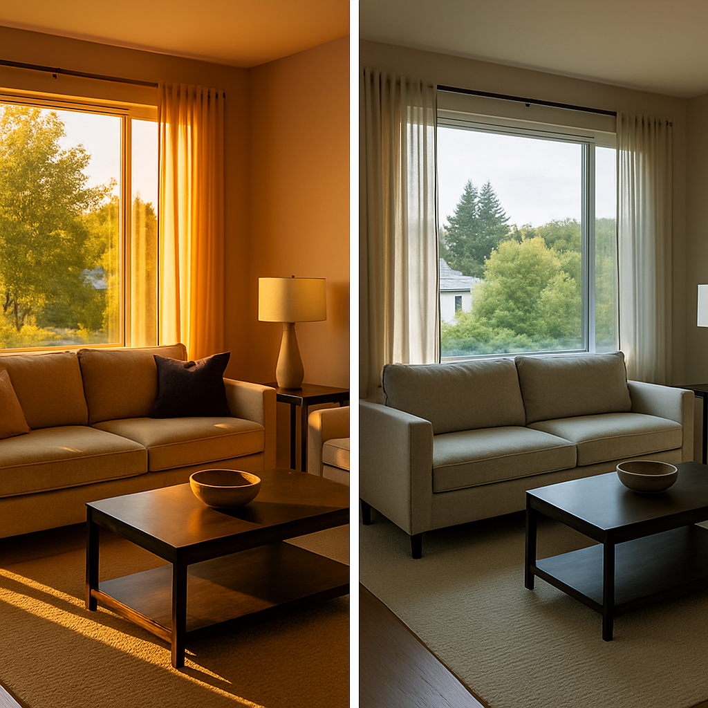 Photorealistic before-and-after of a Corvallis west-facing living room showing harsh afternoon sunli