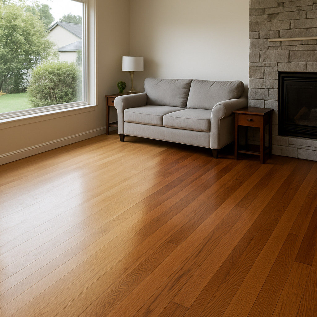 Interior photo showing a Corvallis living room with hardwood floor; left side unprotected faded area