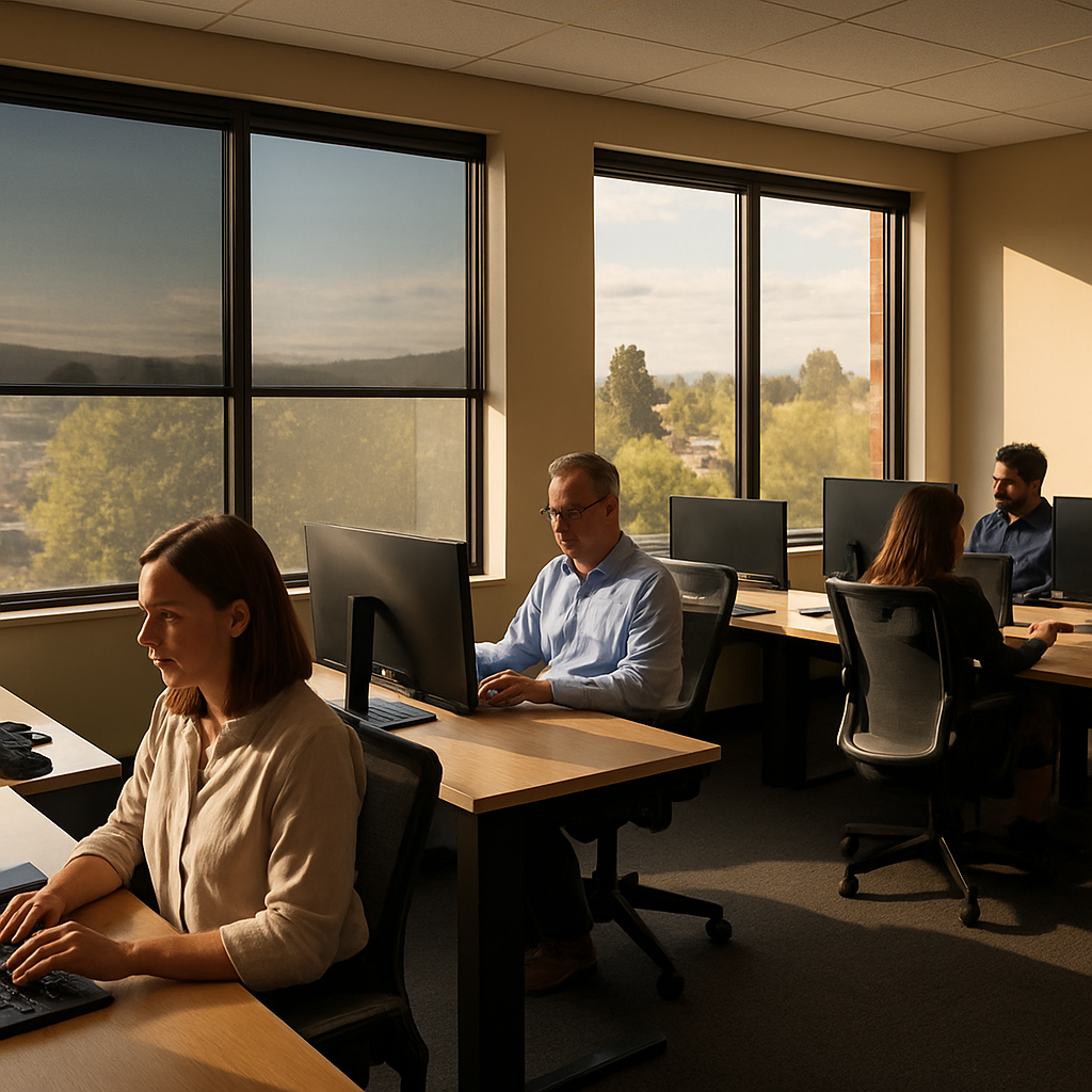 Professional Corvallis office interior during afternoon with west-facing windows; half the windows s