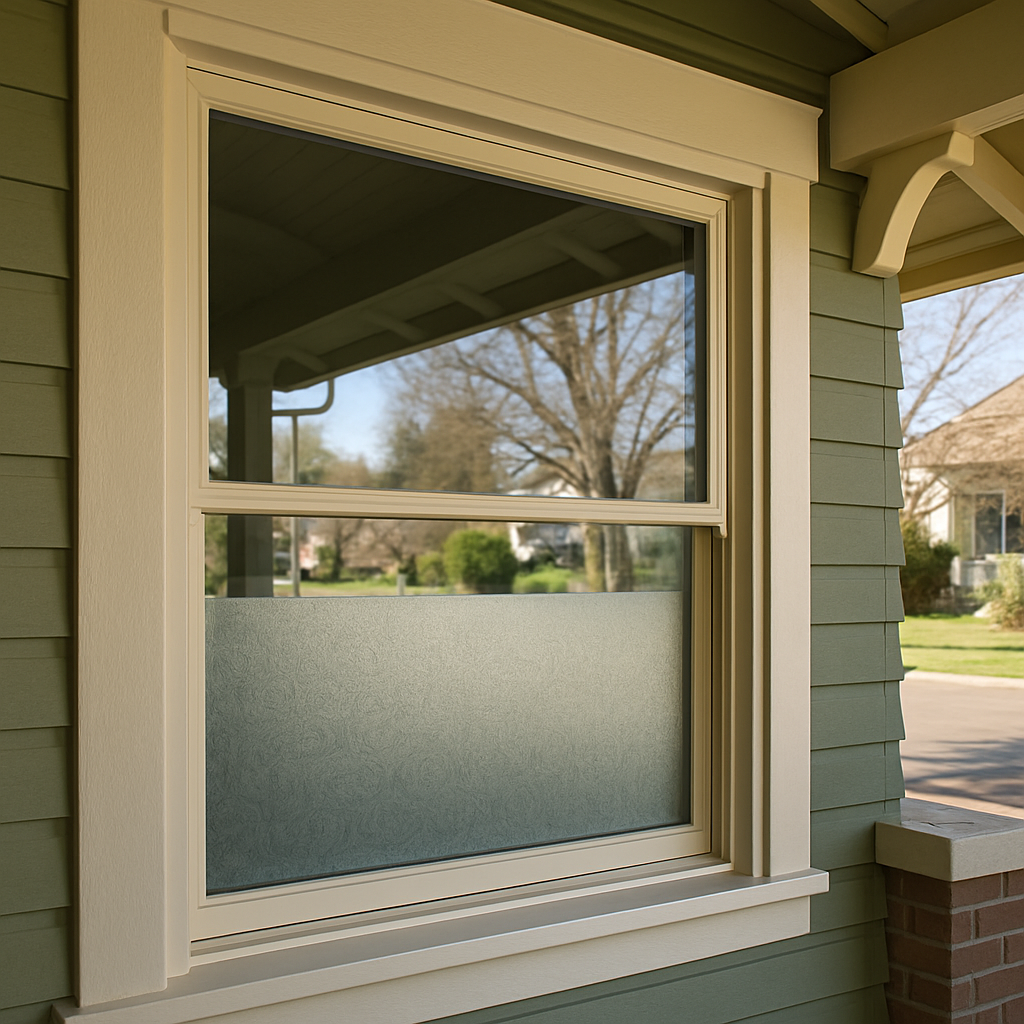 Photo realistic image of a Corvallis Craftsman-style front window with lower-half frosted decorative