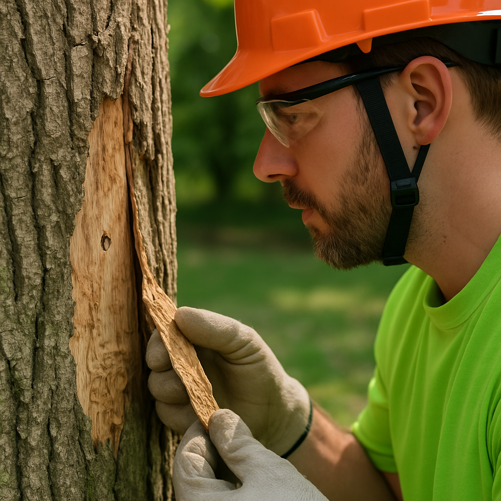 Certified arborist performing a bark inspection on an ash tree, close up on D shaped exit hole and p