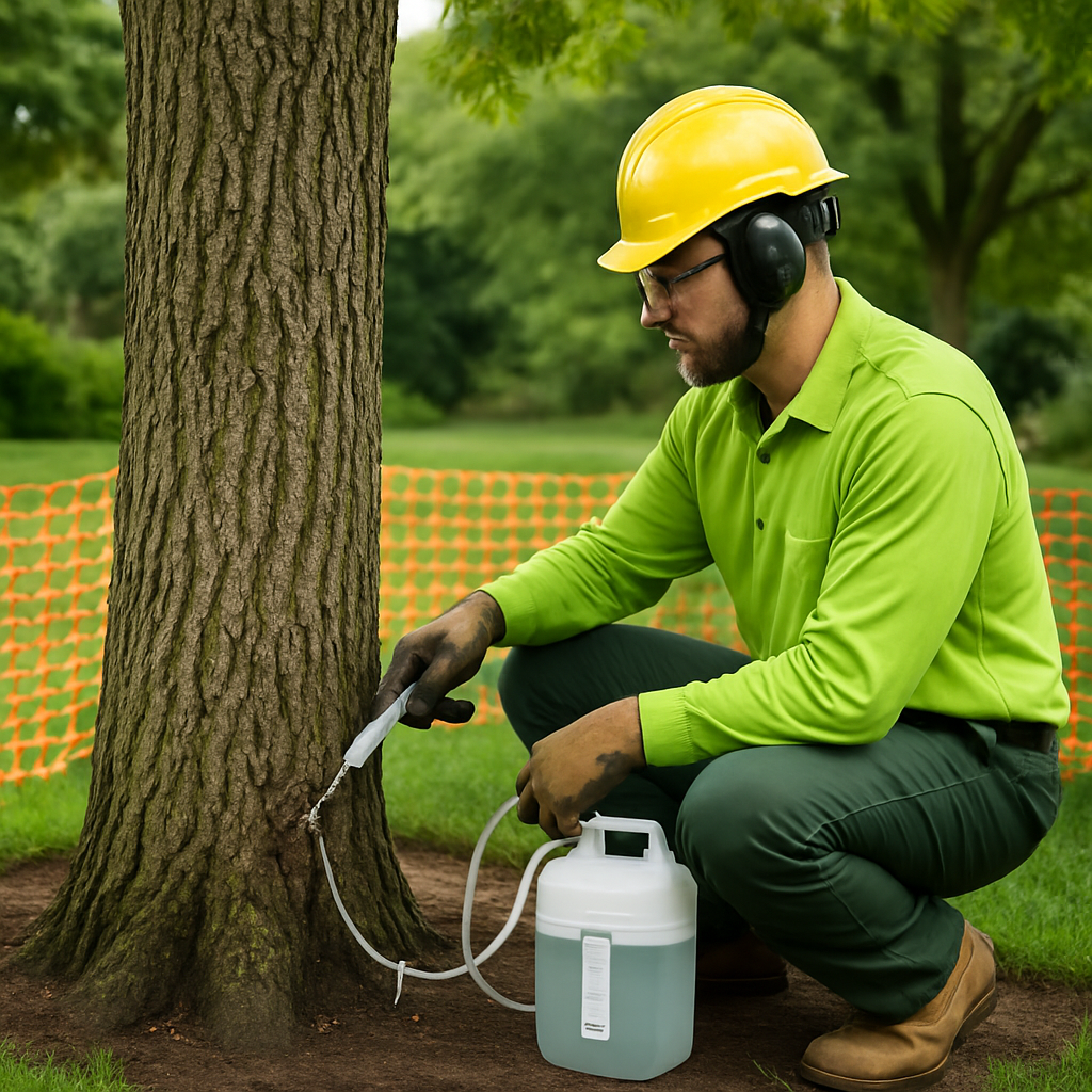 Photo realistic image of a certified arborist performing a trunk injection on a mature ash tree usin