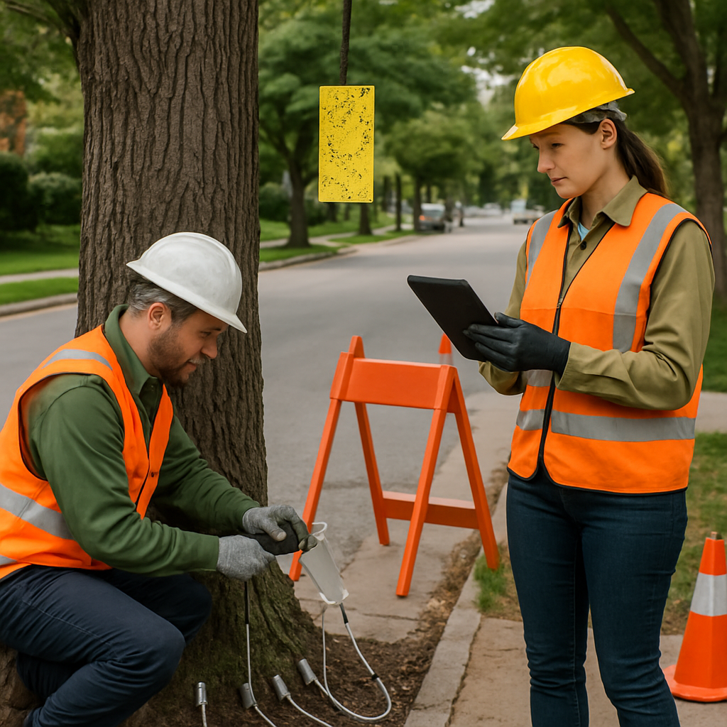 Arborist performing trunk injection on a mature street tree while another technician checks sticky m