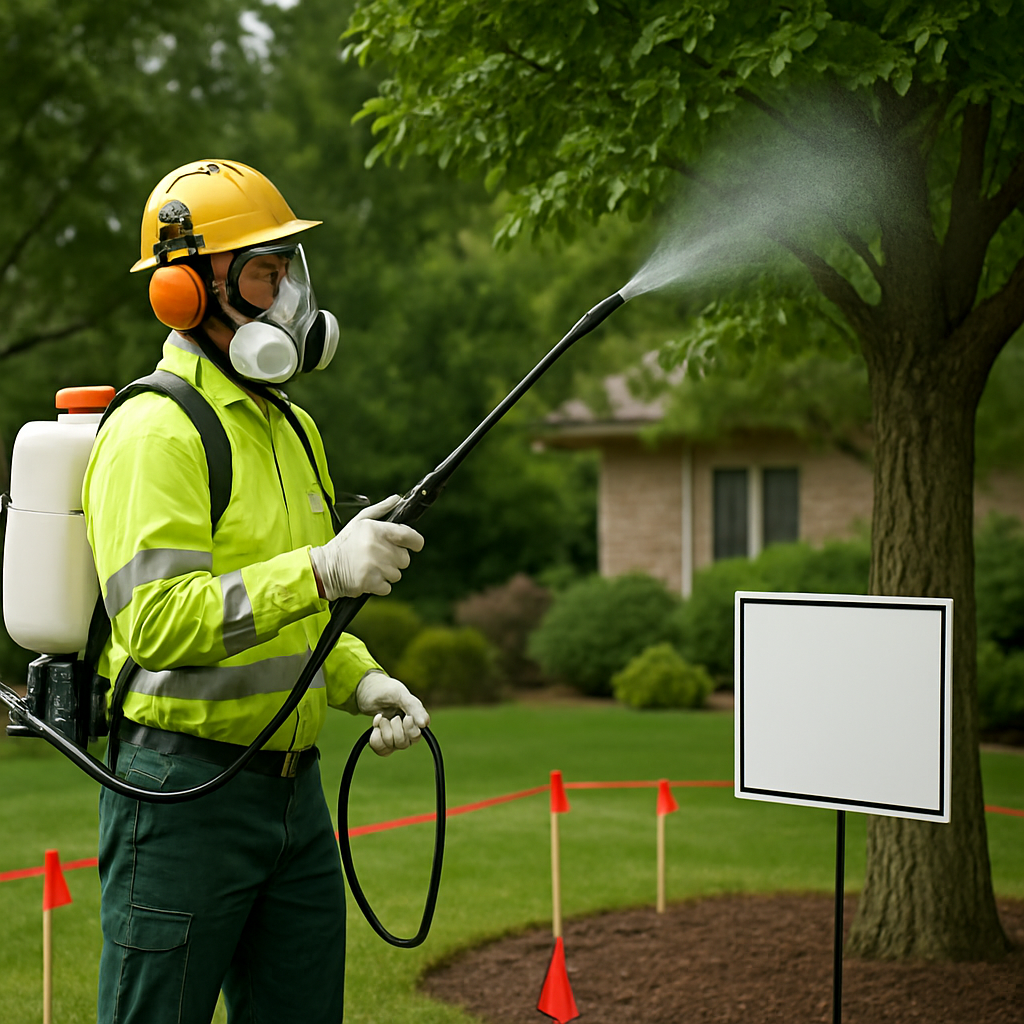 Certified arborist in full PPE performing a low drift foliar spray on a landscape tree with visible