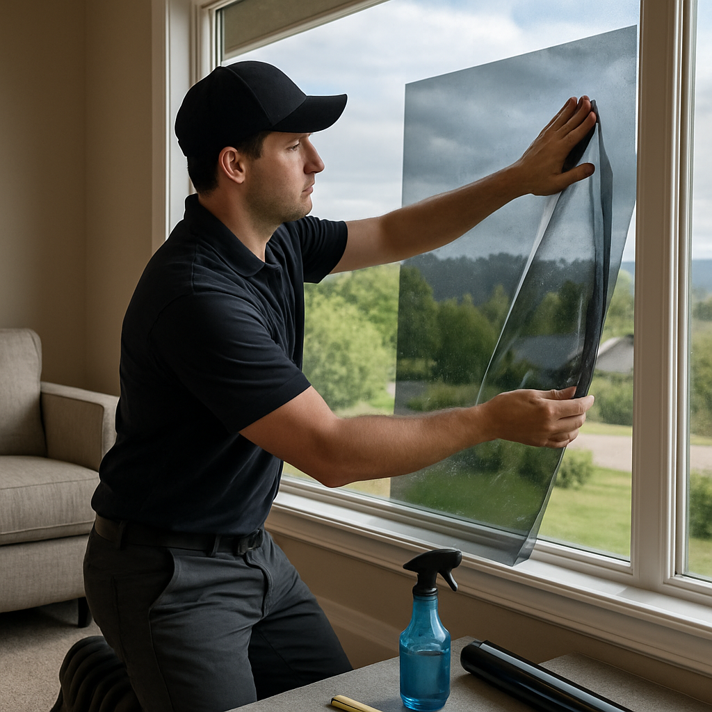 Photo realistic image of a professional installer fitting ceramic window film on a large south facin