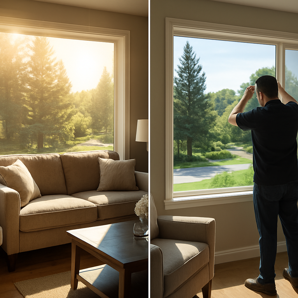 Photorealistic image of a Roseburg living room with a large south-facing picture window before and a