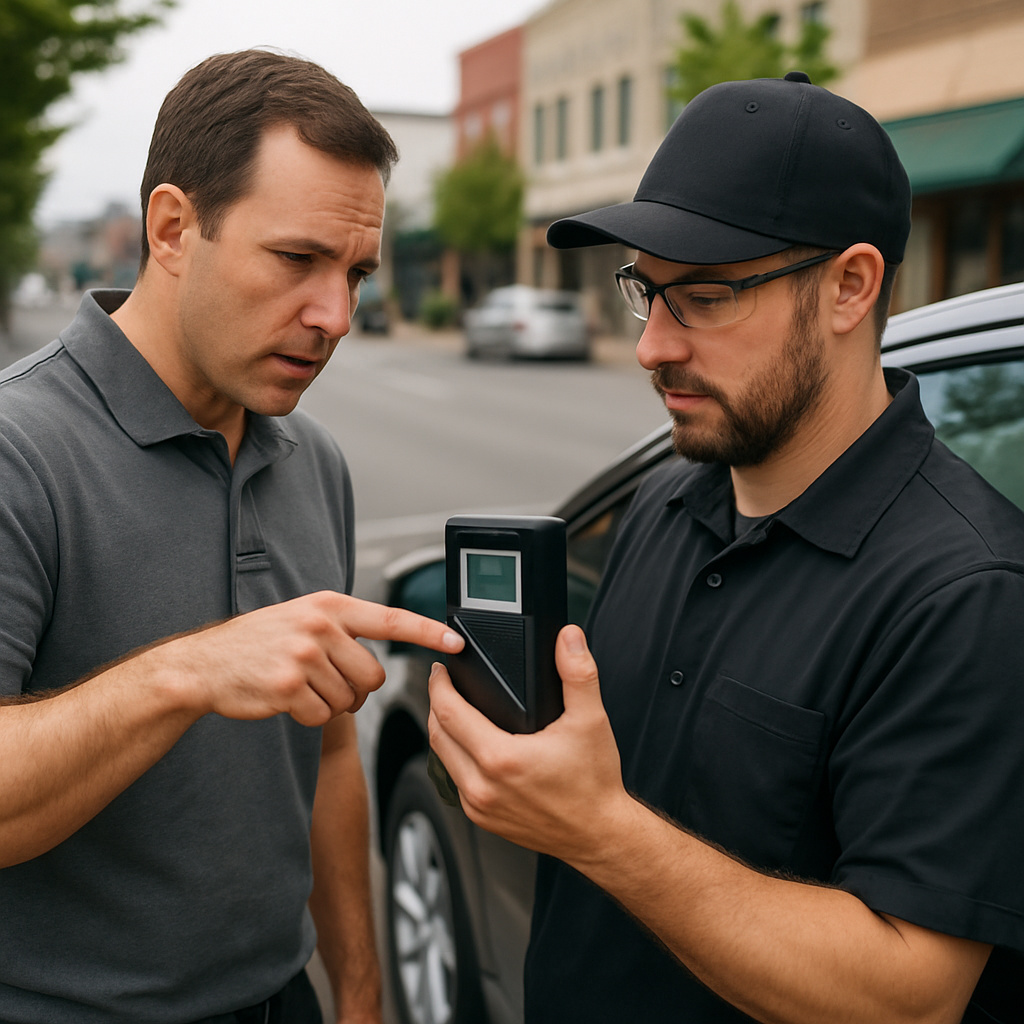Professional installer measuring vehicle window VLT with a handheld meter while a technician points