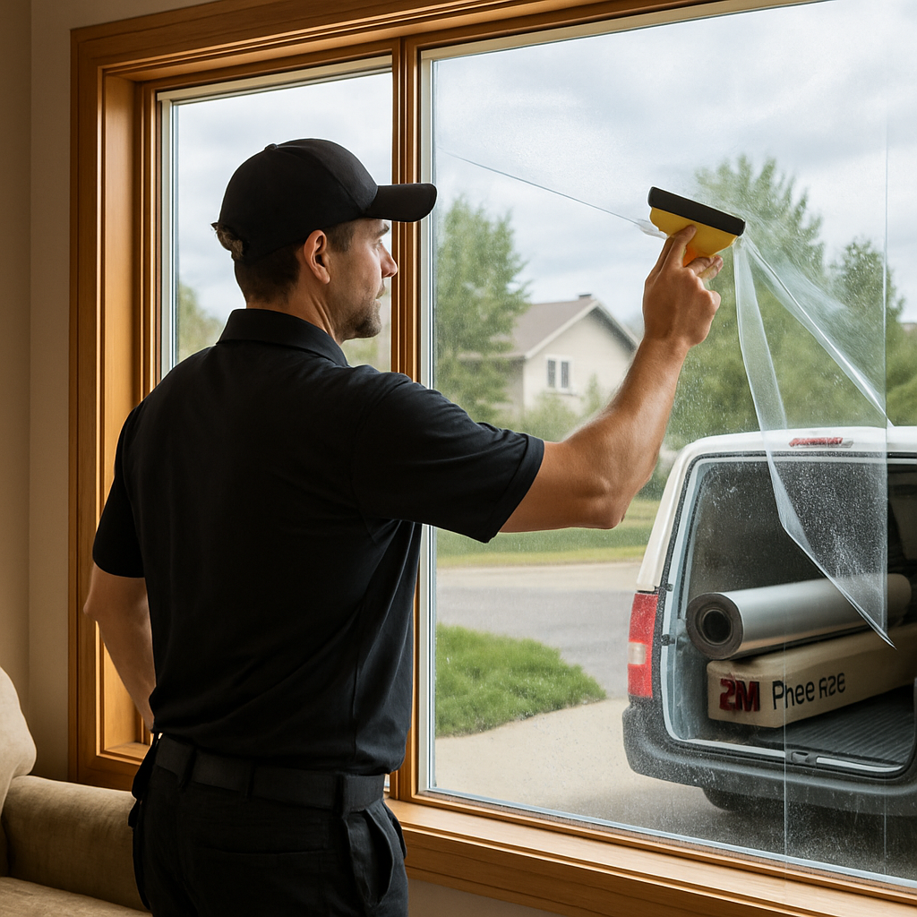 Professional window film installer applying film to a large Roseburg living room south facing window
