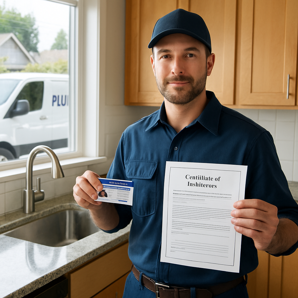 Photo realistic image of a licensed plumber at a customer kitchen sink holding a laminated contracto