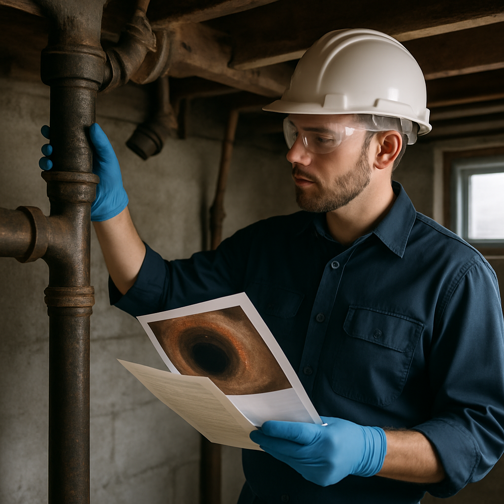 Photo realistic image of a professional plumber inspecting a cast iron sewer pipe inside an older Po