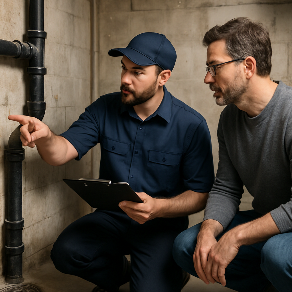A professional plumber with a clipboard inspecting a basement drain and pointing out piping to a hom